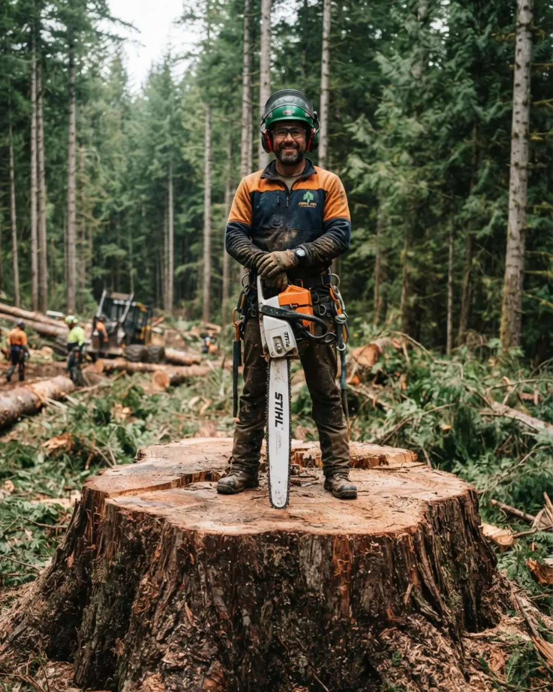 Climber ascending a large tree with a chainsaw and full rigging