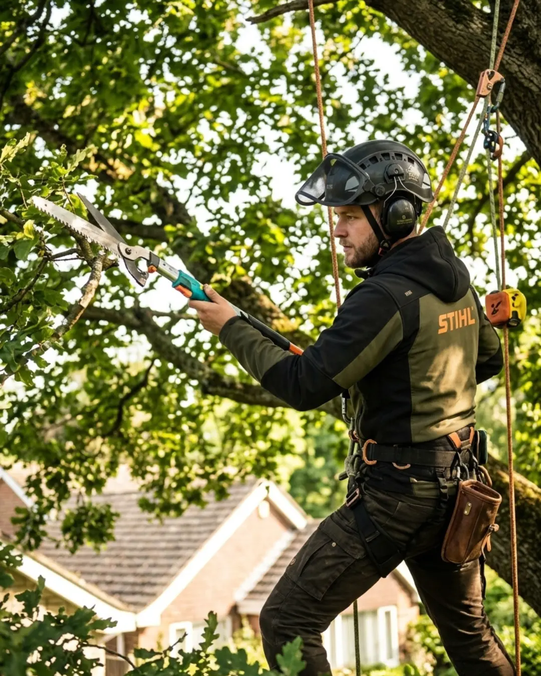 Bucket truck cutting a large limb over a residential street