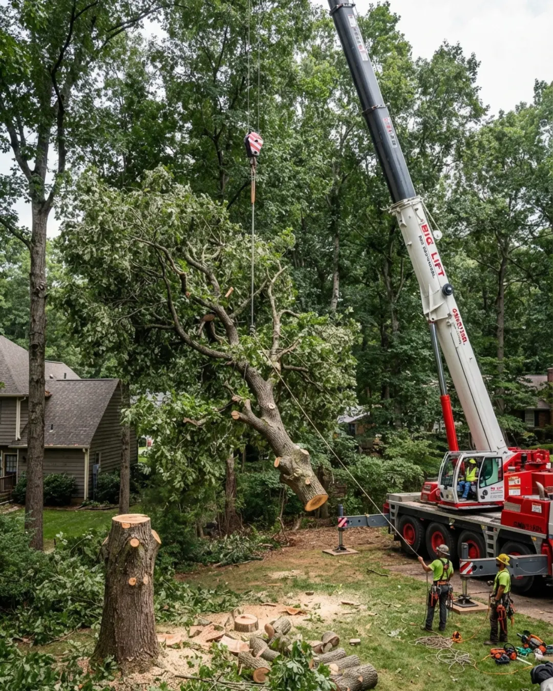 Crew feeding branches into a wood chipper on a residential street