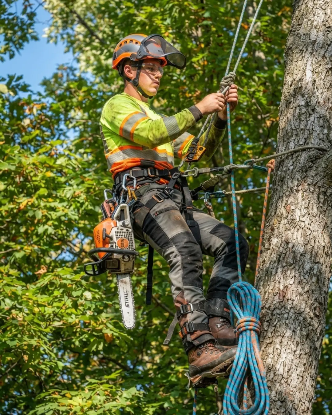 Crane lifting a large cut tree section out of a backyard