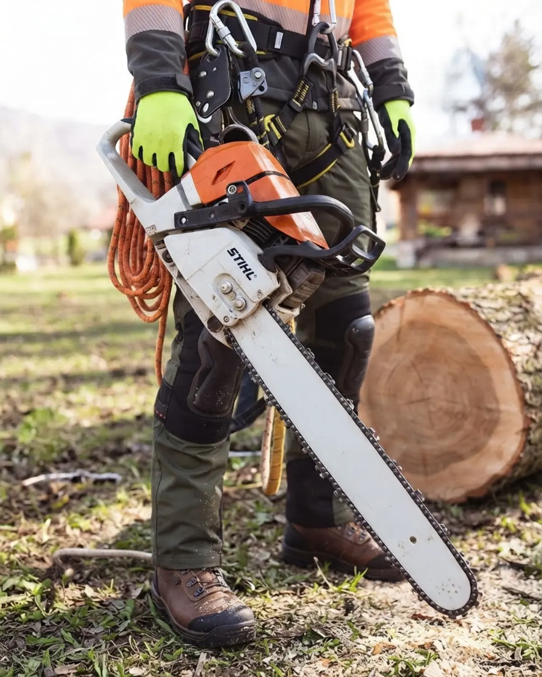 Climber cutting a large branch high in an oak tree