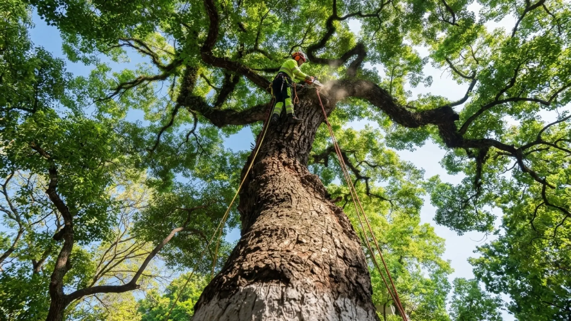 Climbing arborist working high in a redwood canopy