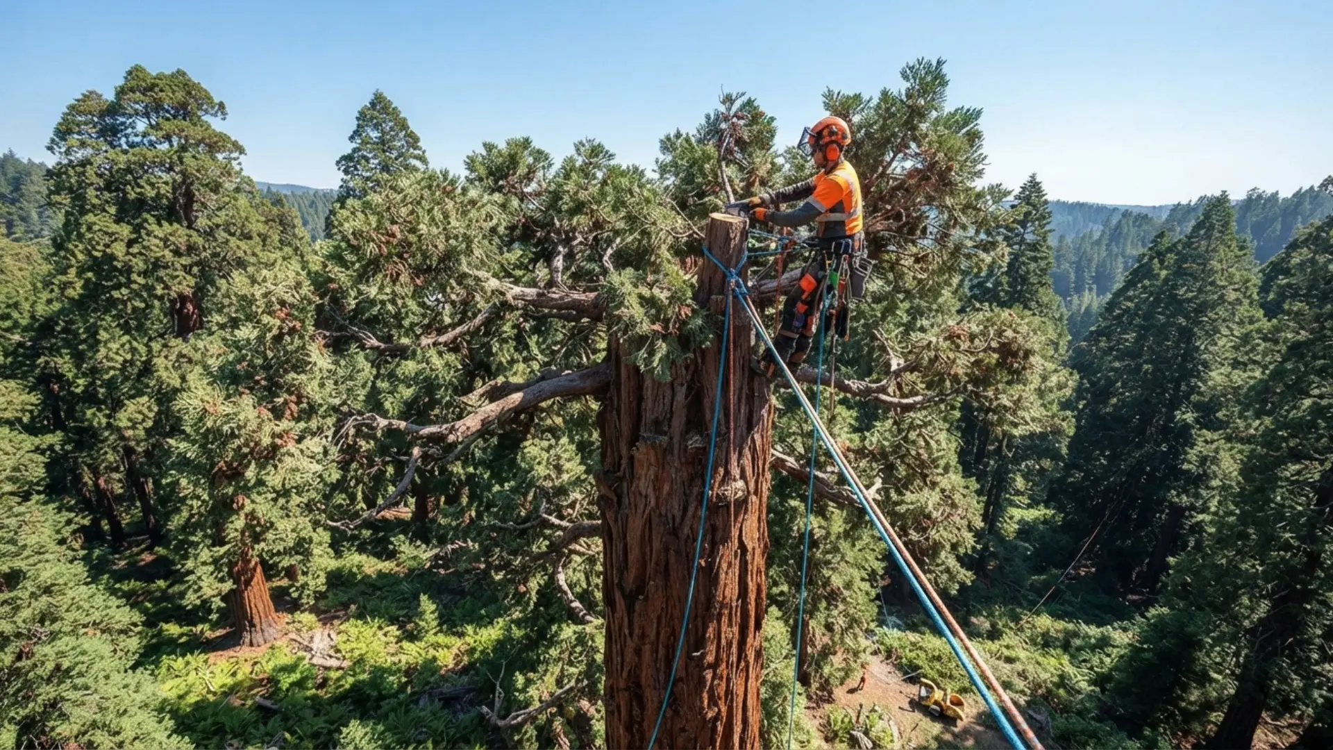 Crew member on a stump after a large removal