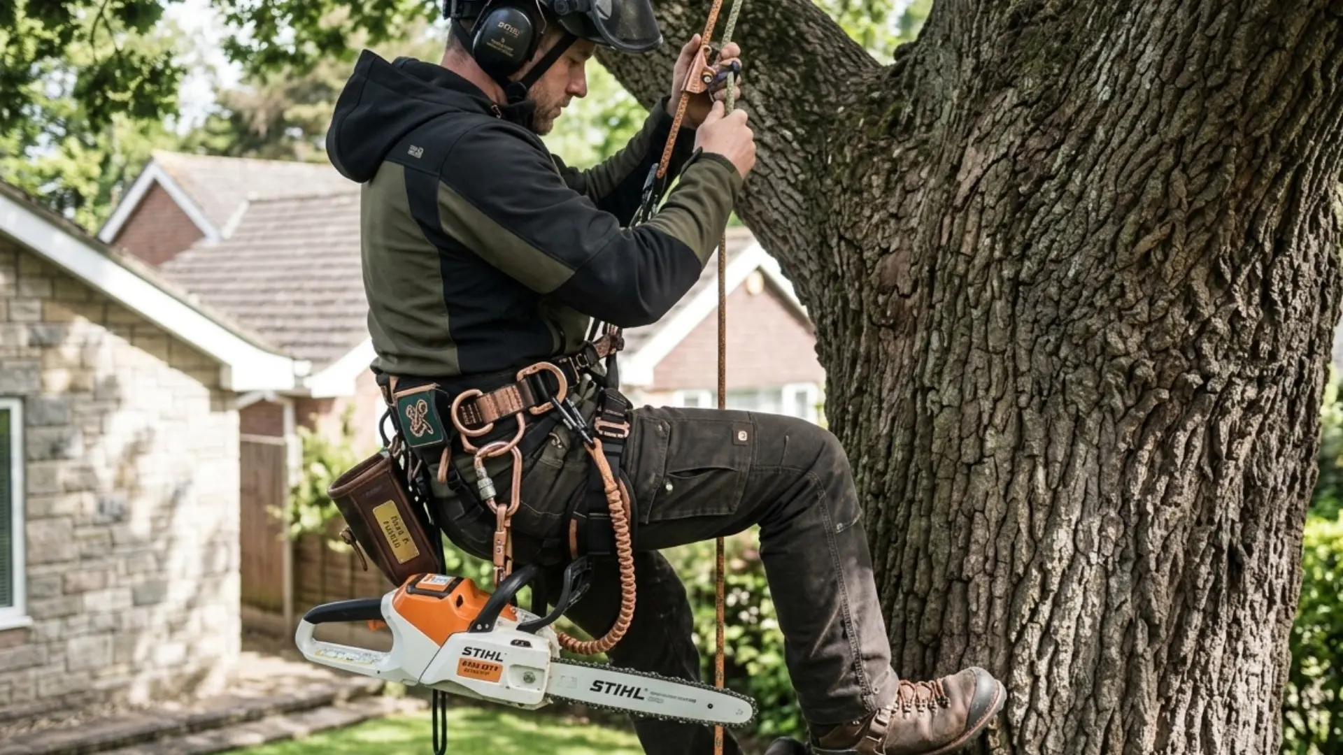 Bucket truck removing a large limb from a residential tree