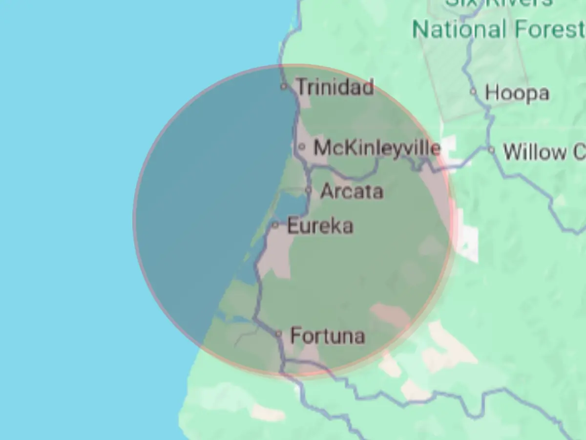 Map showing a 45-mile service radius centered on Eureka, California, covering Trinidad, McKinleyville, Arcata, Eureka, and Fortuna