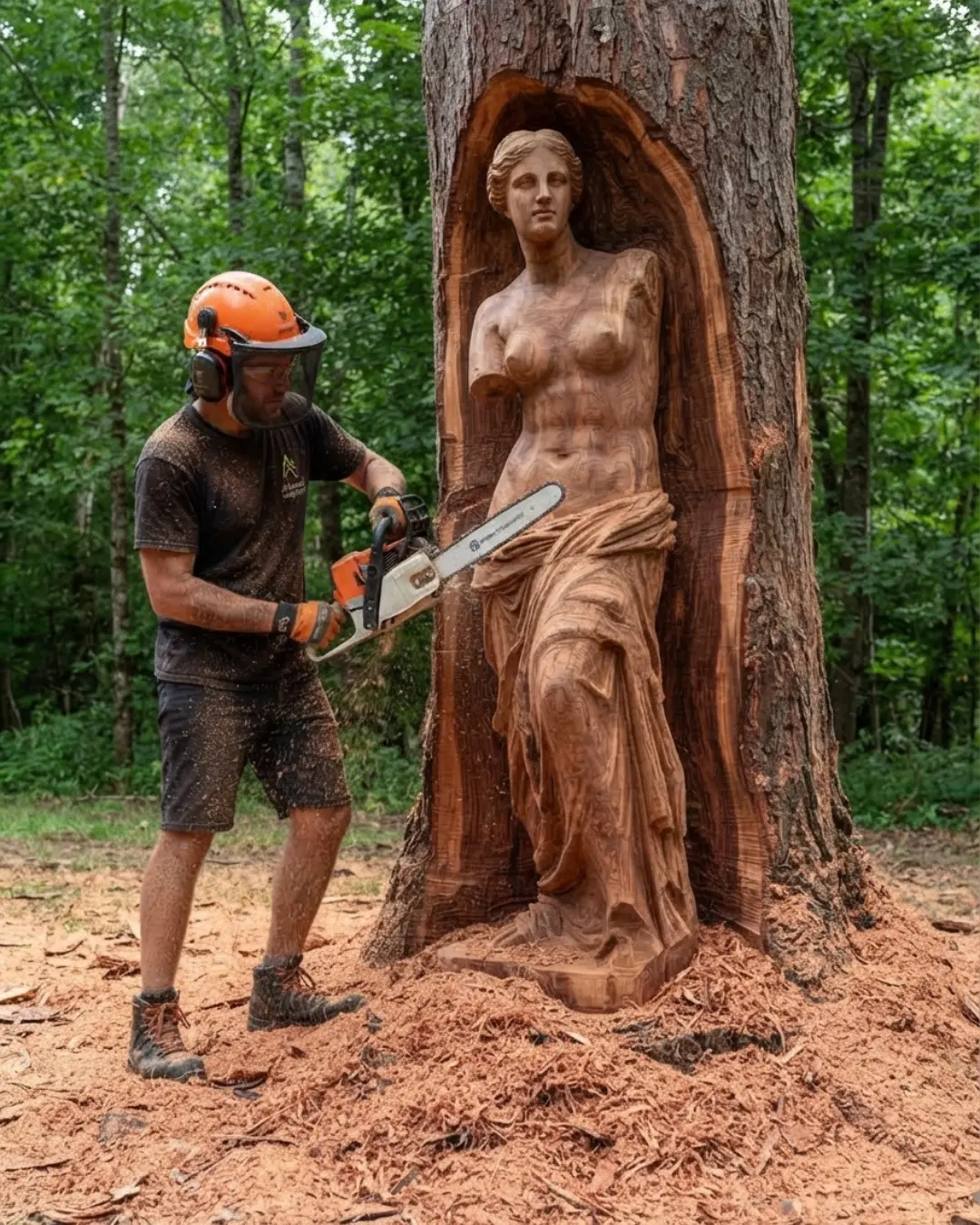 Chainsaw artist carving a detailed figure into a tree trunk